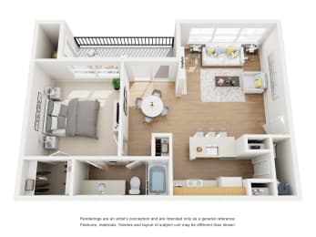 One bedroom apartment 3D floorplan rendering at Carmel Creekside Apartments, Fort Worth