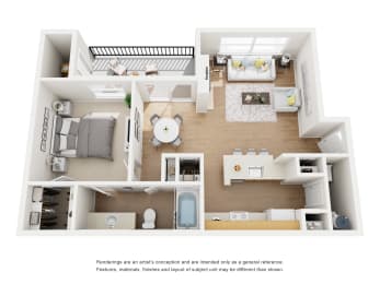 3D floor plan of one bedroom apartment interior at Carmel Creekside Apartments, Texas