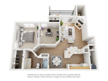 3D floor plan of one bedroom one bathroom layout at Carmel Creekside Apartments, Fort Worth, TX 76137