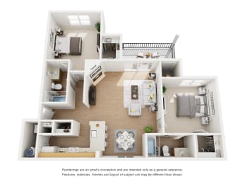 3D floor plan of two bedroom apartment layout at Carmel Creekside Apartments, Fort Worth, TX