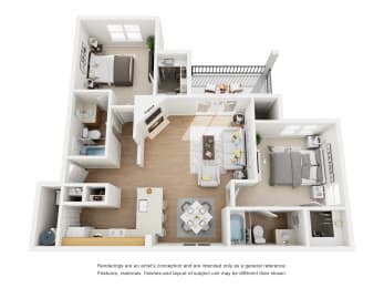 Two bedroom apartment 3D floor plan rendering at Carmel Creekside Apartments, Fort Worth, 76137