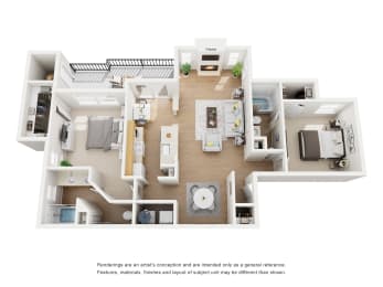 Two bedroom apartment 3D floor plan rendering1 at Carmel Creekside Apartments, Fort Worth, Texas