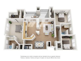 3D floor plan of three bedroom apartment layout at Carmel Creekside Apartments, Fort Worth