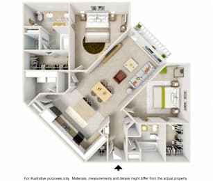 A 3D floor plan of a house with a kitchen, living room, and bathroom.