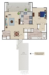 A floor plan of a Comfort apartment with a kitchen, living room, and bedrooms.