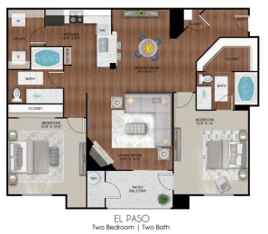 Apartment layout of 1175 sq ft two bedroom El Paso floor plan at Limestone Ranch Apartments in Lewisville, TX