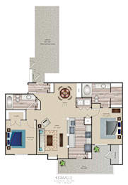 A floor plan of a house with a kitchen, living room, and bathrooms.
