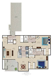A floor plan of a two bedroom, two bathroom apartment.