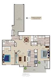 A floor plan of a home with a kitchen, living room, and two bedrooms.