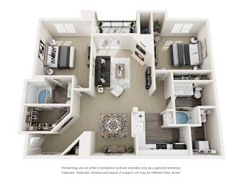 A 3D rendered image of a house layout.