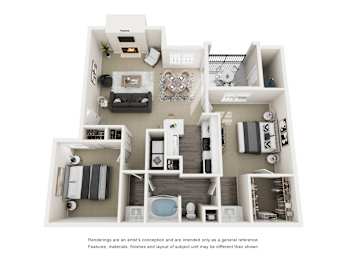 A floor plan of a house with a living room, kitchen, and two bedrooms.