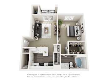 A white floor plan of a house with a kitchen, living room, and bathroom.