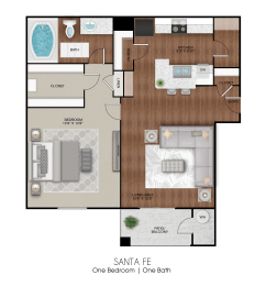 Apartment layout of 625 sq ft one bedroom Santa Fe floor plan at Limestone Ranch Apartments in Lewisville, TX