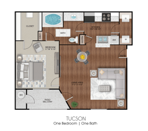 Apartment layout of 700 sq ft one bedroom Tucson floor plan at Limestone Ranch Apartments in Lewisville, TX