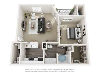 A 3D rendered image of a modern apartment layout.
