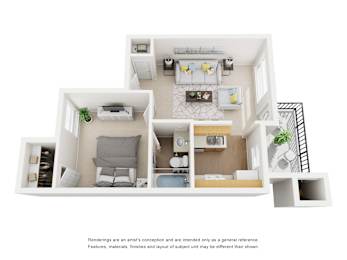 One bedroom apartment 3D floorplan rendering at Towne Centre Village Apartments, Mesquite
