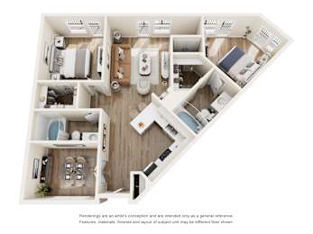 Two bedroom floor plan with open layout at The Montrose Apartments, Dallas