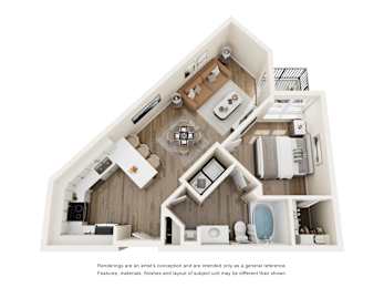 3D floor plan with one bedroom and open layout at The Montrose Apartments, Texas
