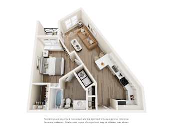One bedroom floor plan with open living area at The Montrose Apartments, Texas, 75204