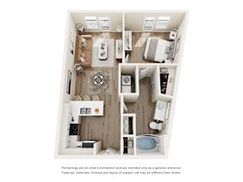One bedroom 3D floor plan rendering at The Montrose Apartments, Dallas, TX 75204