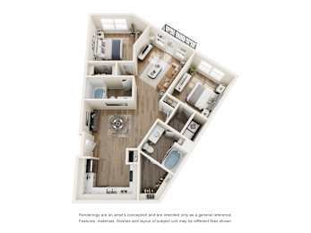 Two bedroom 3D floor plan layout at The Montrose Apartments, Dallas, 75204