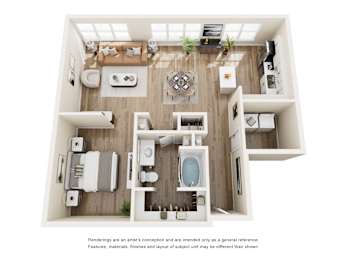 3D floor plan with two bedrooms and living area at The Montrose Apartments, Dallas