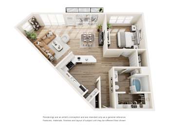 One bedroom 3D floor plan with balcony access at The Montrose Apartments, Texas