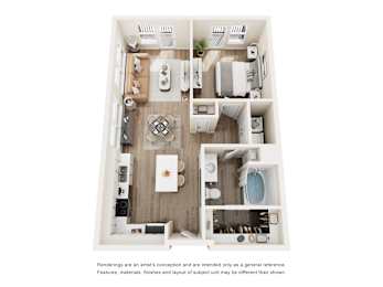 3D floor plan with two bedrooms and modern furnishings at The Montrose Apartments, Dallas, TX