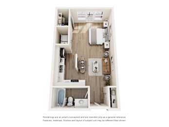 Studio apartment 3D floor plan with open concept layout at The Montrose Apartments, Dallas, 75204