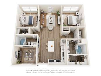 Two bedroom apartment 3D floor plan overview at The Montrose Apartments, Dallas