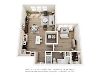 One bedroom 3D floor plan layout at The Barton Apartments, Texas, 75206