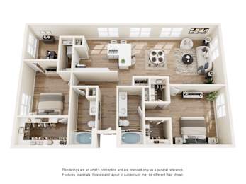 3D floor plan with two bedrooms and two bathrooms at Vue Live Oak Apartments, Dallas, TX 75204