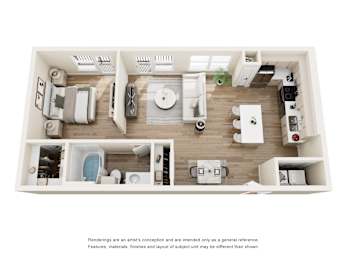 3D floor plan of one bedroom apartment layout at The Barton Apartments, Dallas, TX 75206