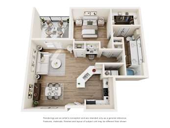 3D floor plan with one bedroom layout at The Barton Apartments, Dallas, TX