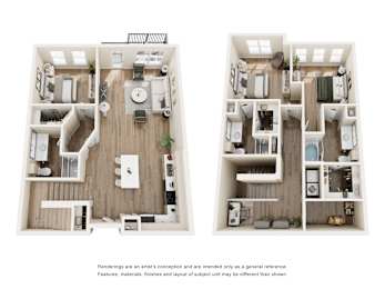 3D floor plan of two story townhome layout at The Barton Apartments, Dallas, 75206