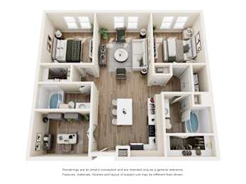 3D floor plan of two bedroom apartment layout at The Barton Apartments, Dallas, Texas