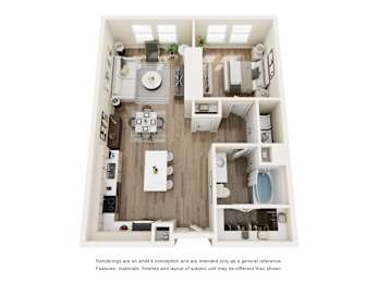 Two bedroom 3D floor plan layout at The Barton Apartments, Texas, 75206
