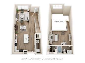 Two story loft floor plan with open living space at The Barton Apartments, Dallas, TX 75206