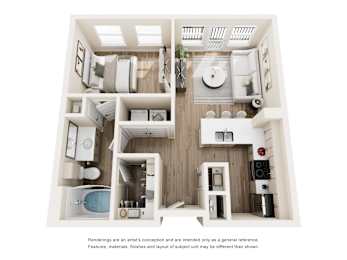 3D floor plan of compact one bedroom apartment at The Barton Apartments, Dallas, TX