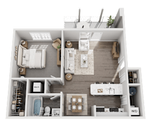 A 3D floor plan of a small apartment with a kitchen, living room, and bathroom.