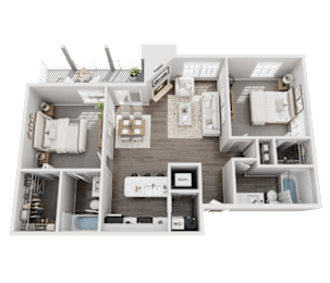 A detailed 3D floor plan of a modern apartment layout.