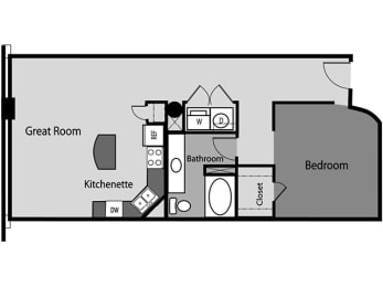 a floor plan of a room with a bathroom and a bedroom