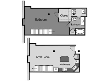 a floor plan of a house with a great room and a bedroom