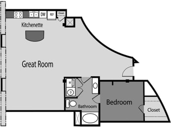 a floor plan of a studio apartment with a bedroom and a living room