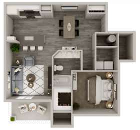 A top-down view of a small, modern apartment with a kitchen, living room, and bathroom.