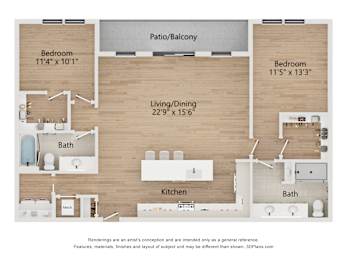 A floor plan of a house with two bedrooms, a living/dining area, a kitchen, a bath, and a patio/balcony.