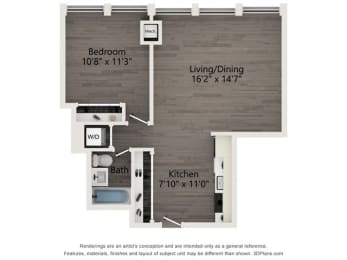 A1 one bedroom floor plan of an Atrio apartment in Chicago