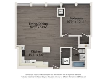 A2 one bedroom floor plan of an Atrio apartment in Chicago