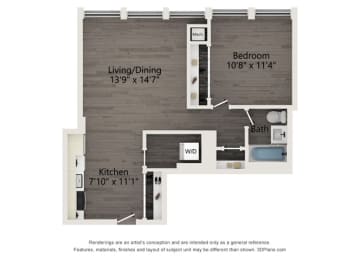 A3 one bedroom floor plan of an Atrio apartment in Chicago