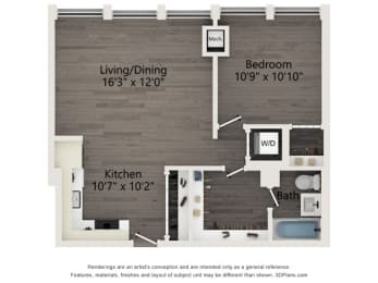 A4 one bedroom apartment floor plan at Atrio in Chicago